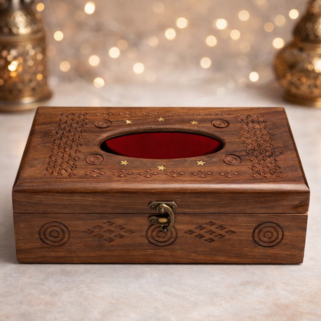 Handcrafted Carved Wooden Tissue Box Holder