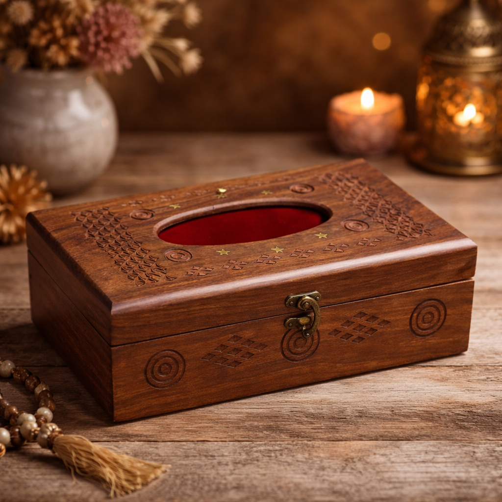 Handcrafted Carved Wooden Tissue Box Holder