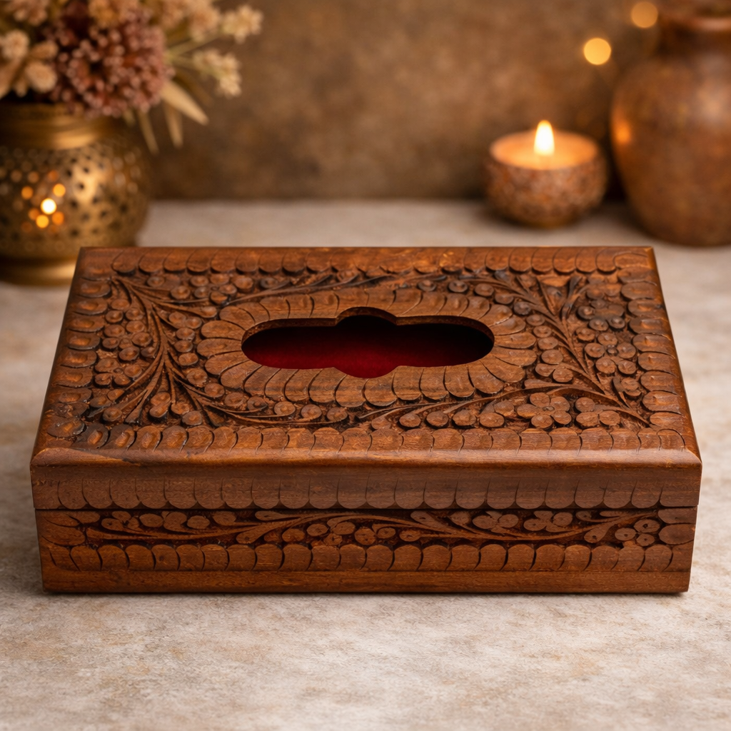 Handcrafted Carved Wooden Tissue Box Holder