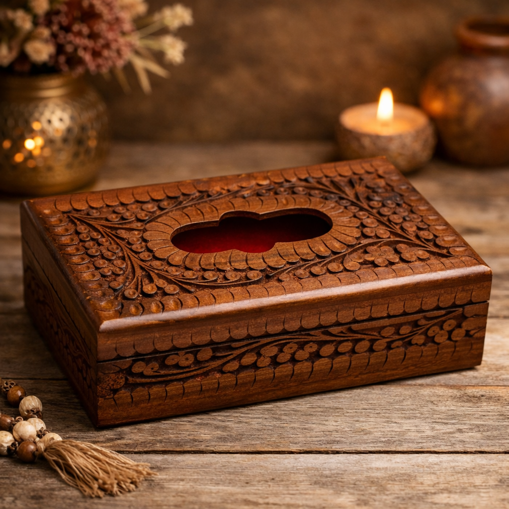 Handcrafted Carved Wooden Tissue Box Holder