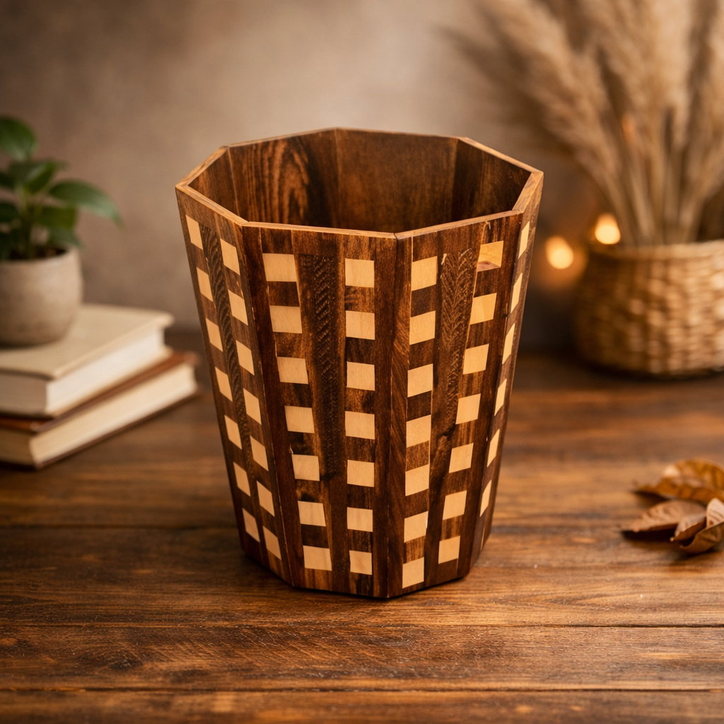 Handcrafted Octagonal Wooden Waste Basket