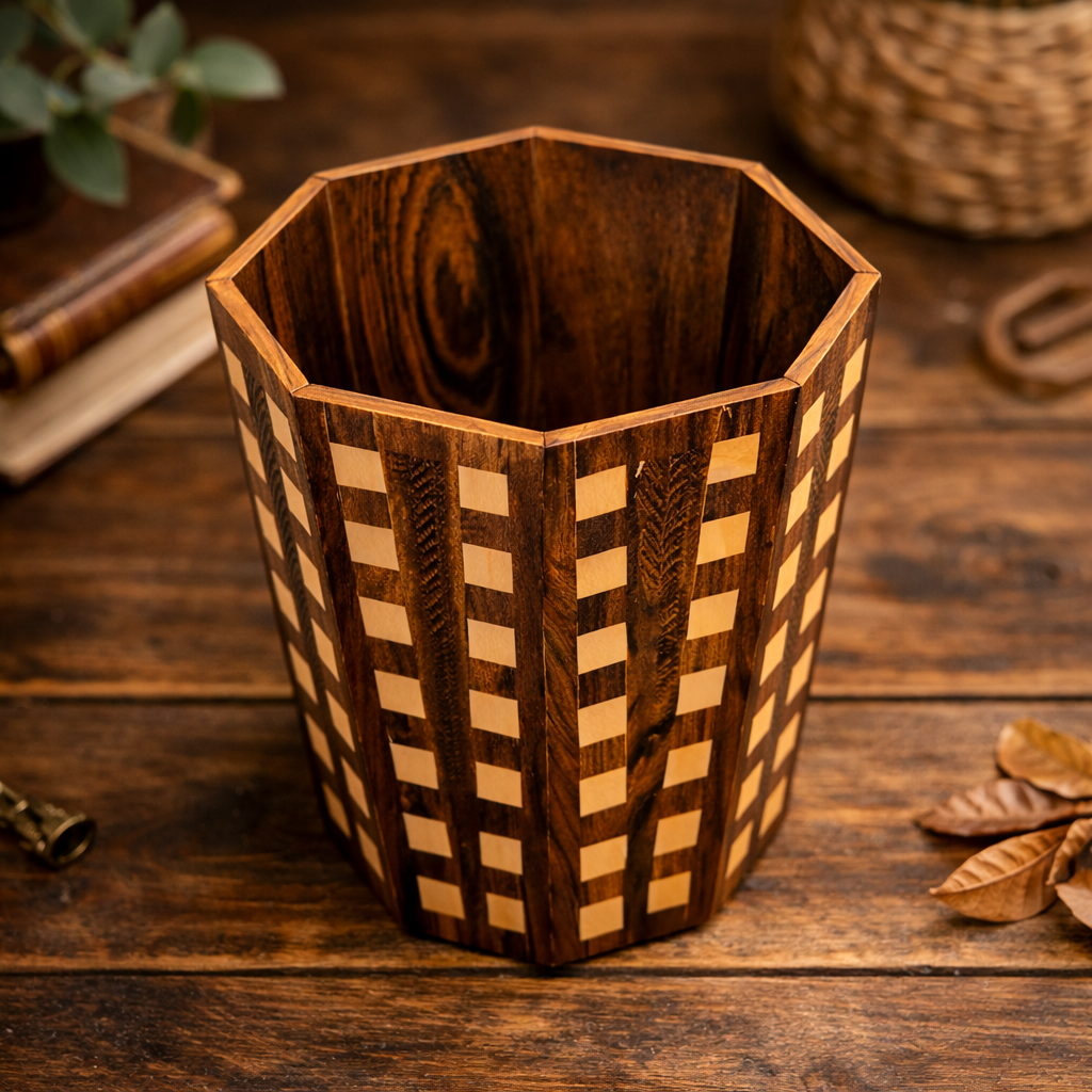 Handcrafted Octagonal Wooden Waste Basket