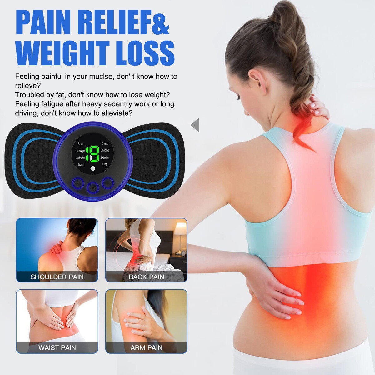 Portable EMS Mini Electric Massager Patch – Muscle Pain Relief for Neck, Back, Arms &amp; Full Body